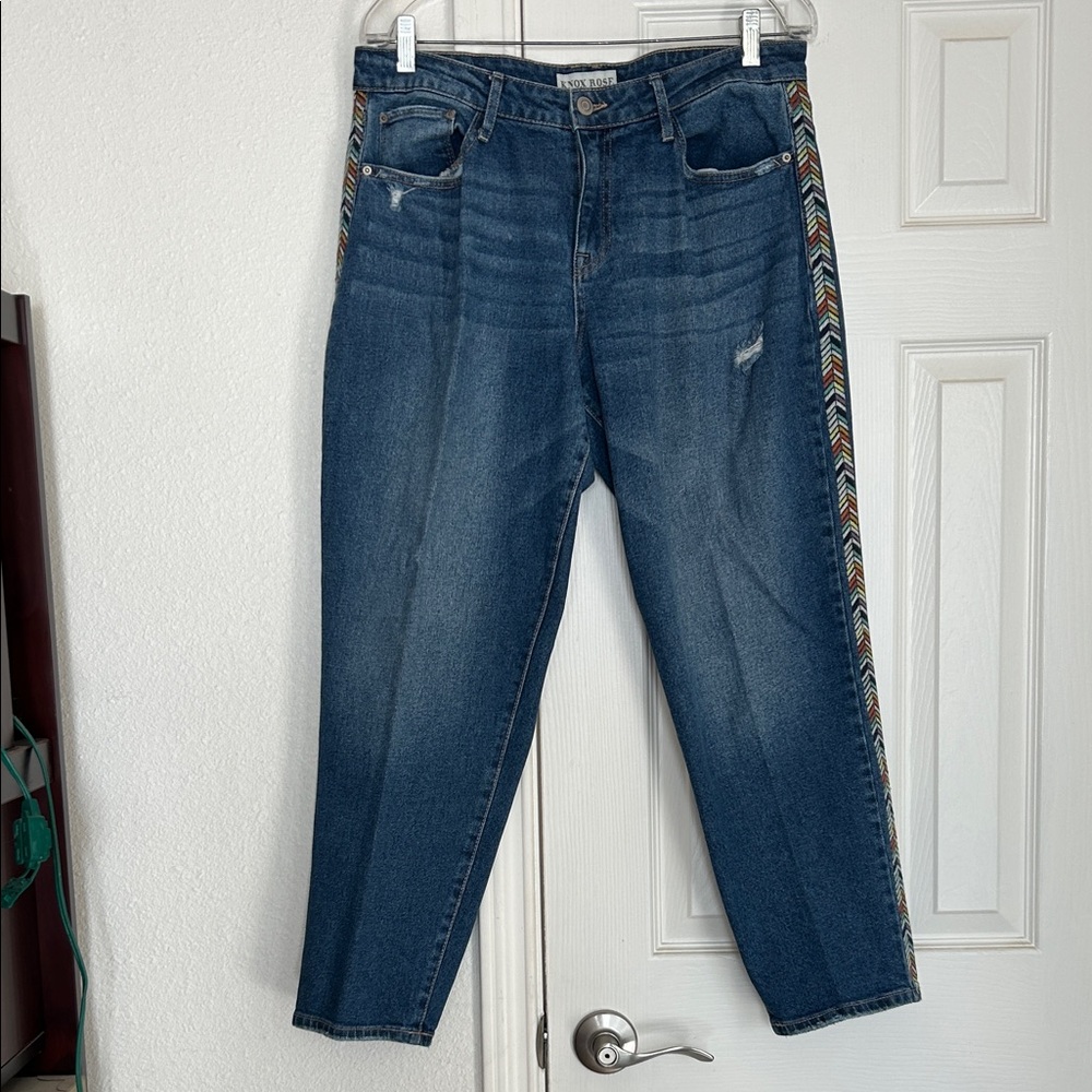 Knox Rose Women’s Blue Jeans with Multicolor Chevron Side Trim